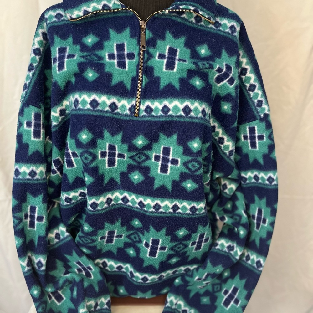 Men's Half-Zip Fleece Pullover - Blue & Teal Aztec